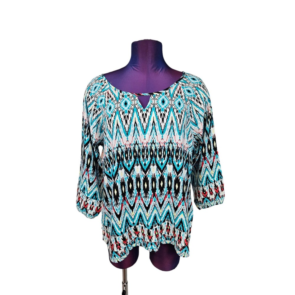 Ariat Colorful Southwestern Print 3/4 Sleeve Blouse Top Size Large Women's A86